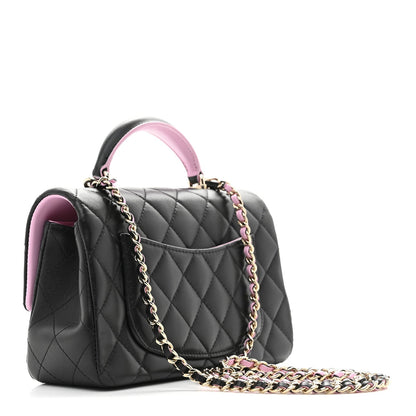 Lambskin Quilted Bi-Color Mini Top Handle Rectangular Flap Black Lilac