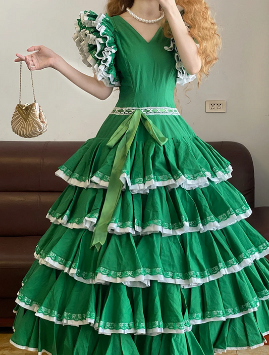 Green V-neck Waist-Cinched Tiered Skirt Long Ball Gown R7386