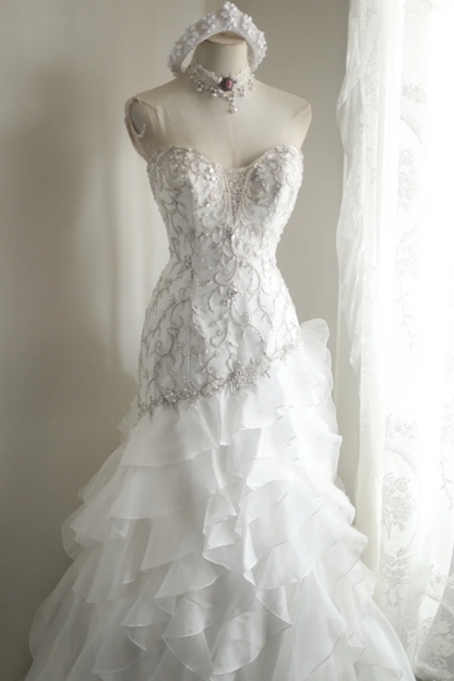 White strapless beaded fitted multi-layered long ball gown/bridal dress R6824