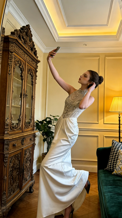 Silver-embellished white bodycon satin long ball gown, bridal dress R8597
