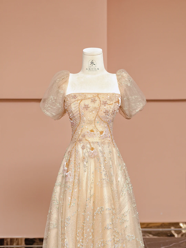 Apricot square neck fitted waist long ball gown R8410