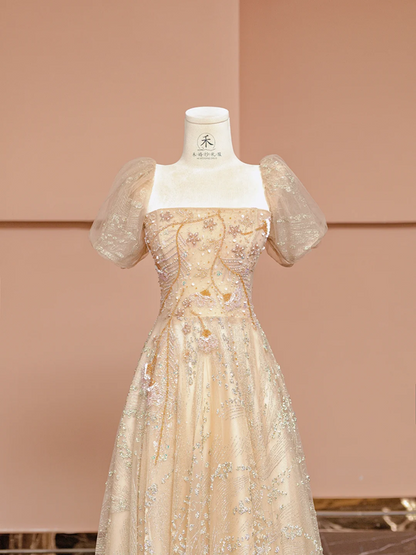Apricot square neck fitted waist long ball gown R8410