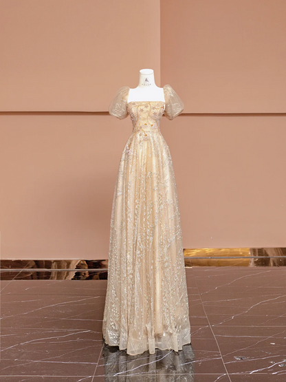 Apricot square neck fitted waist long ball gown R8410