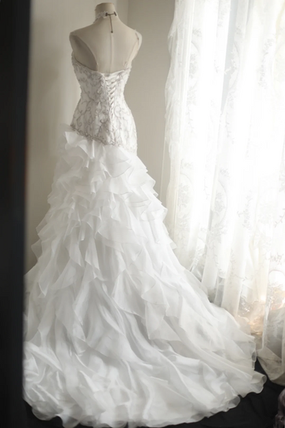 White strapless beaded fitted multi-layered long ball gown/bridal dress R6824
