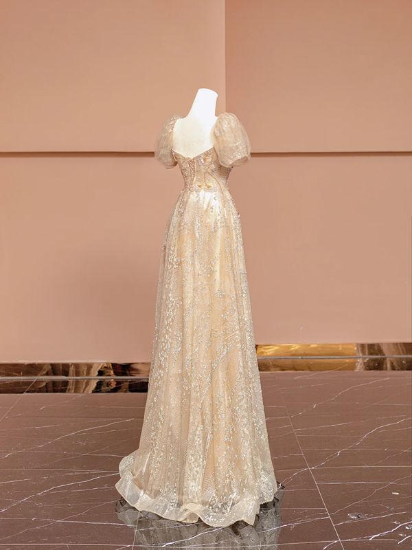 Apricot square neck fitted waist long ball gown R8410