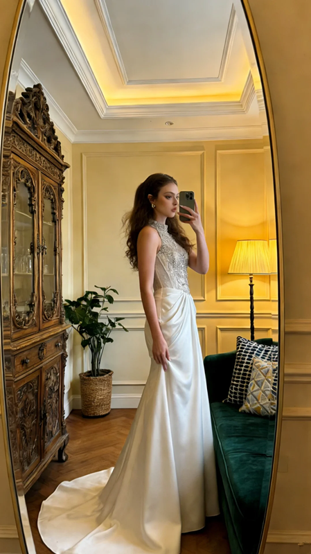 Silver-embellished white bodycon satin long ball gown, bridal dress R8597