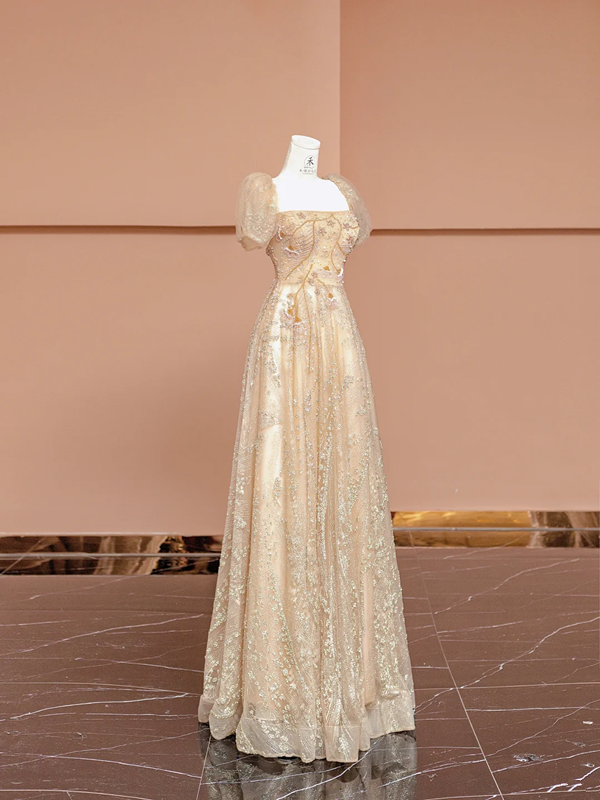 Apricot square neck fitted waist long ball gown R8410