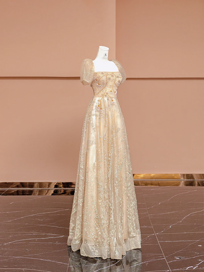 Apricot square neck fitted waist long ball gown R8410