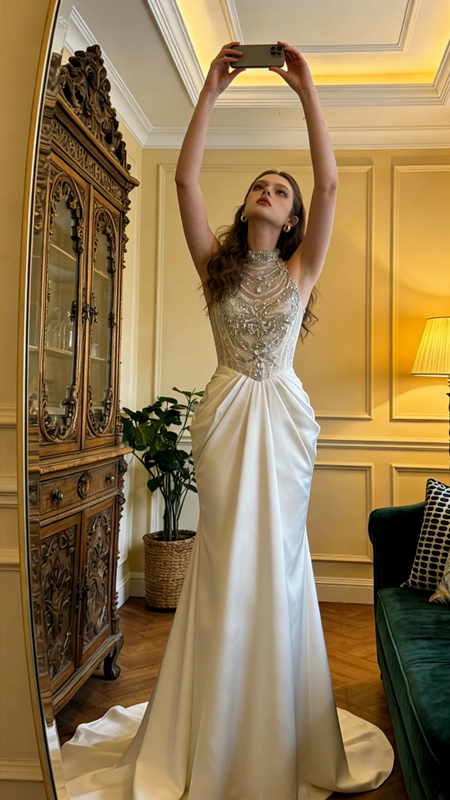Silver-embellished white bodycon satin long ball gown, bridal dress R8597