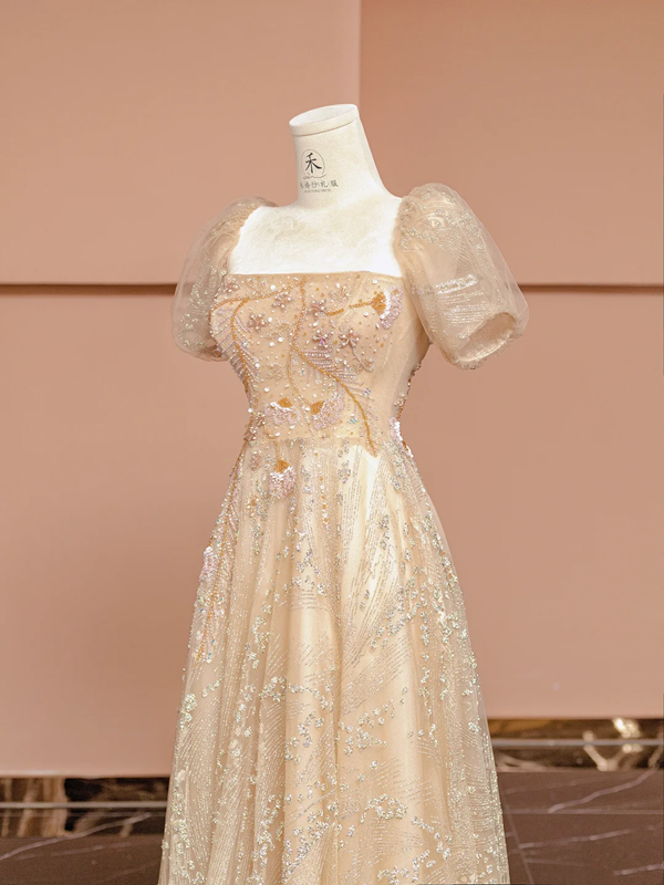 Apricot square neck fitted waist long ball gown R8410