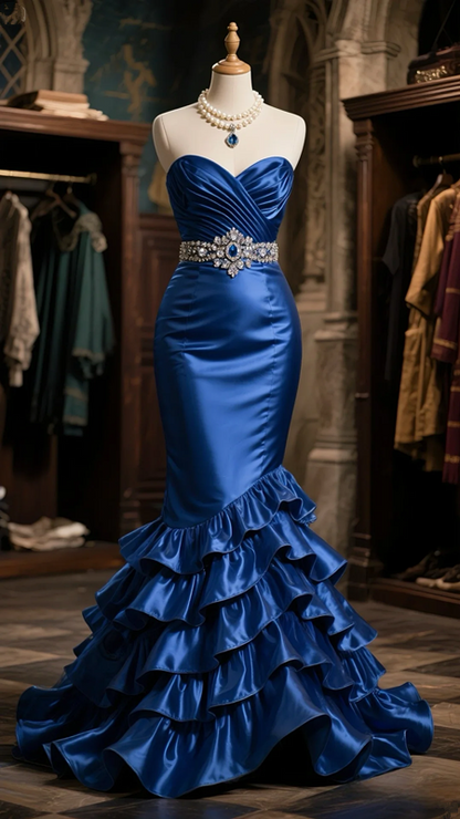 Dark blue strapless slim waist satin hip-hugging sexy ball gown R6084