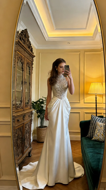 Silver-embellished white bodycon satin long ball gown, bridal dress R8597