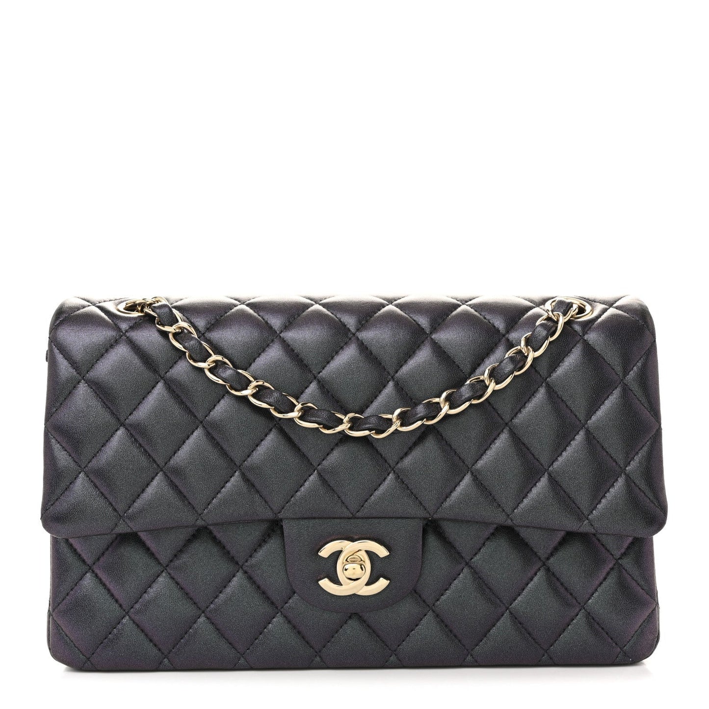 Iridescent Lambskin Quilted Medium Double Flap Black