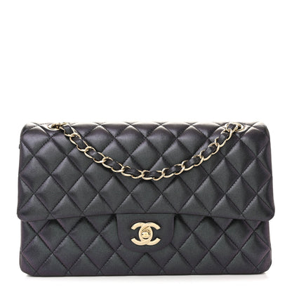 Iridescent Lambskin Quilted Medium Double Flap Black