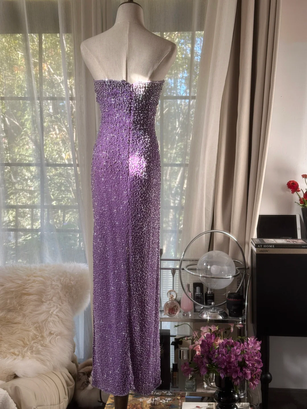Purple strapless fitted waist slim beaded sexy long ball gown R7741
