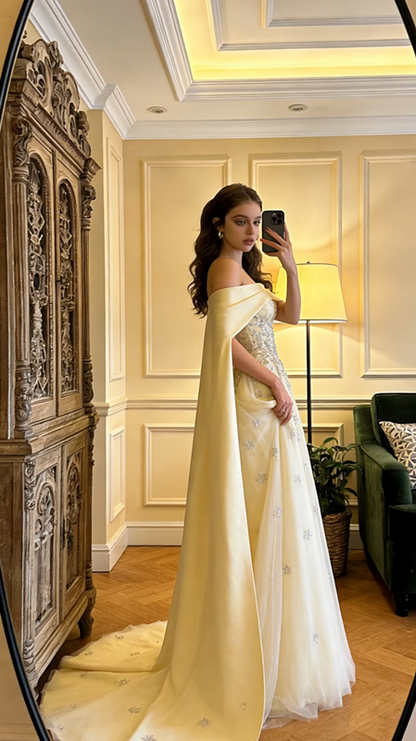 Light yellow off-the-shoulder fitted long ball gown, bridal dress R8598
