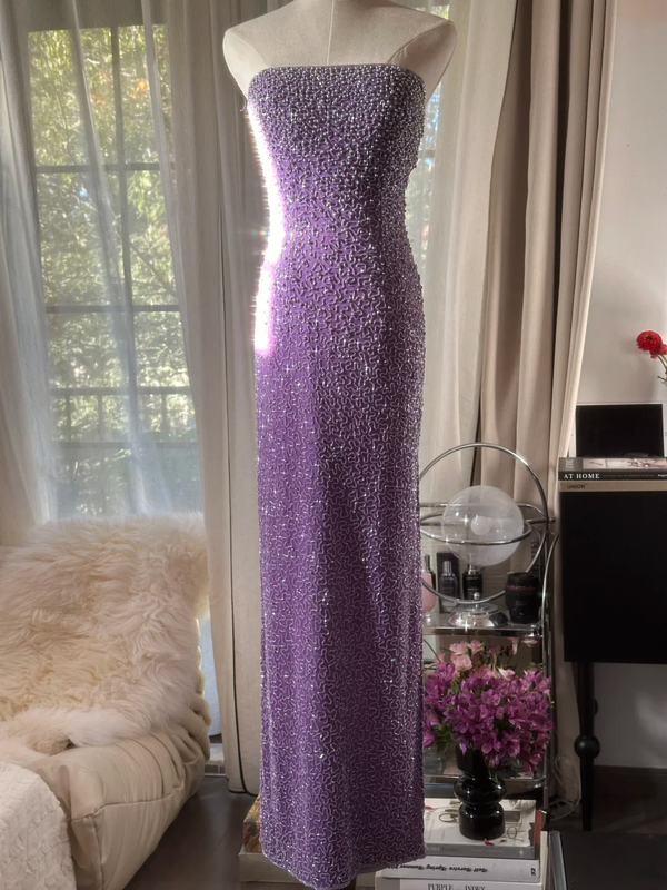 Purple strapless fitted waist slim beaded sexy long ball gown R7741