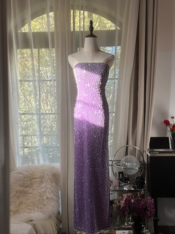 Purple strapless fitted waist slim beaded sexy long ball gown R7741