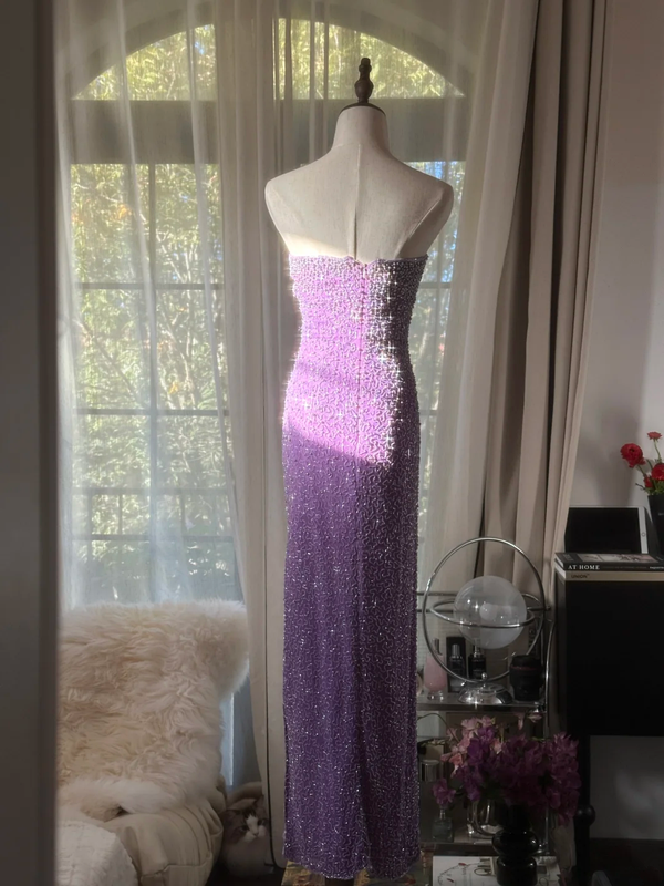 Purple strapless fitted waist slim beaded sexy long ball gown R7741