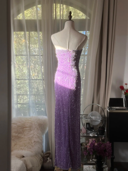 Purple strapless fitted waist slim beaded sexy long ball gown R7741