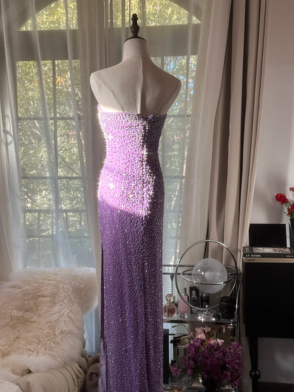 Purple strapless fitted waist slim beaded sexy long ball gown R7741
