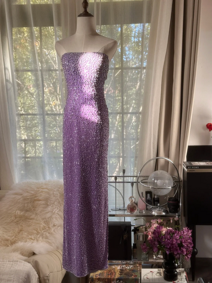 Purple strapless fitted waist slim beaded sexy long ball gown R7741