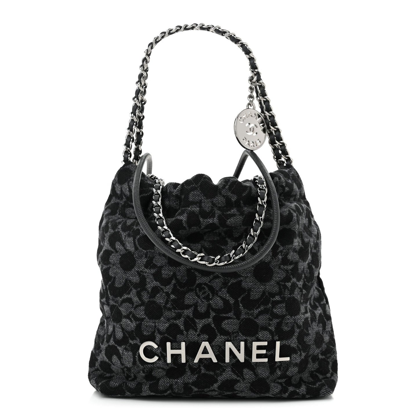 Denim Quilted Floral Print Mini Chanel 22 Black Grey
