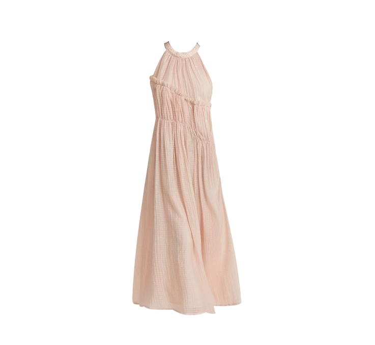 Pink dress new tea break French style gentle style off-shoulder long halter neck suspender dress R0126