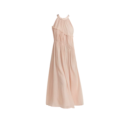 Pink dress new tea break French style gentle style off-shoulder long halter neck suspender dress R0126