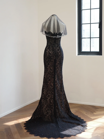 Black strapless fitted lace long ball gown R8472