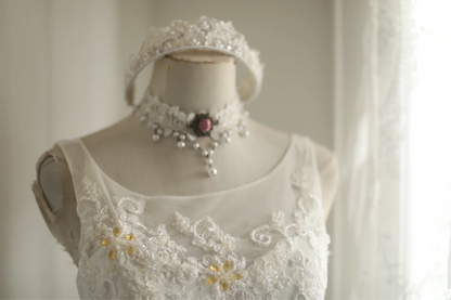 White sleeveless beaded fitted long ball gown/bridal dress R6826