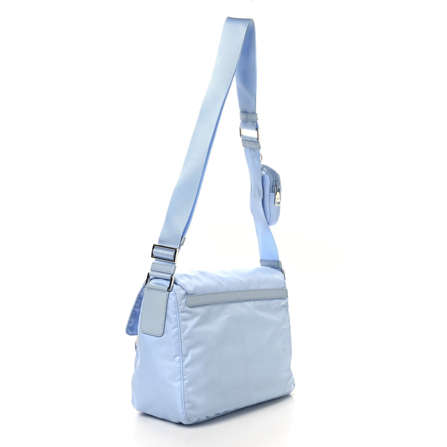 Re-Nylon Vela Saffiano Pocket Double Buckle Messenger Shoulder Bag Celeste