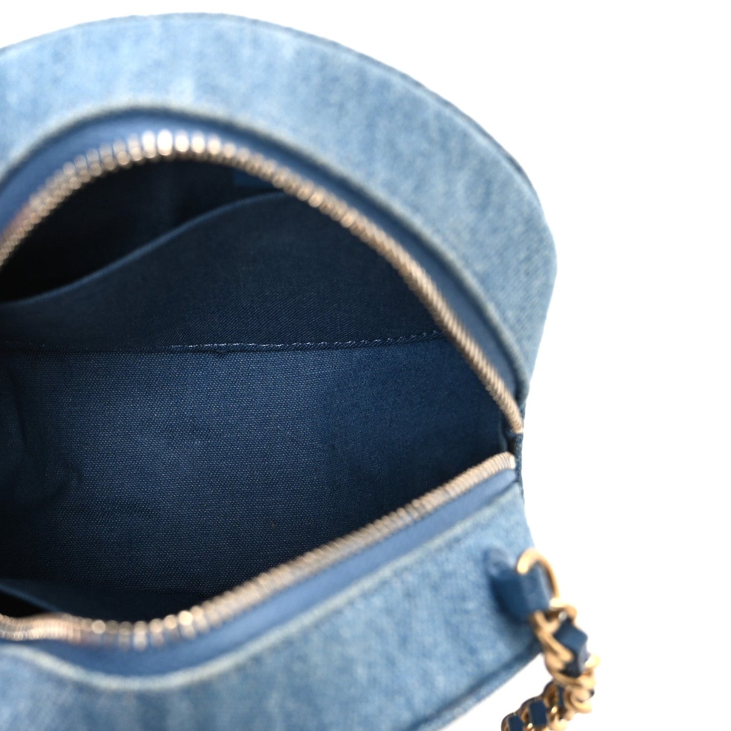 Denim Quilted Round Pearl Crush Clutch With Chain Blue