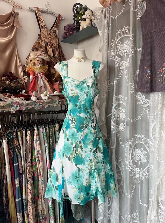 Green floral print halter-neck fitted A-line short ball gown R7466