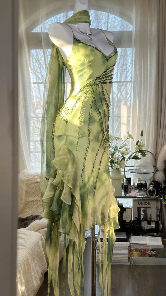 Green suspender waist slim back sexy irregular skirt dress, prom dress R5311