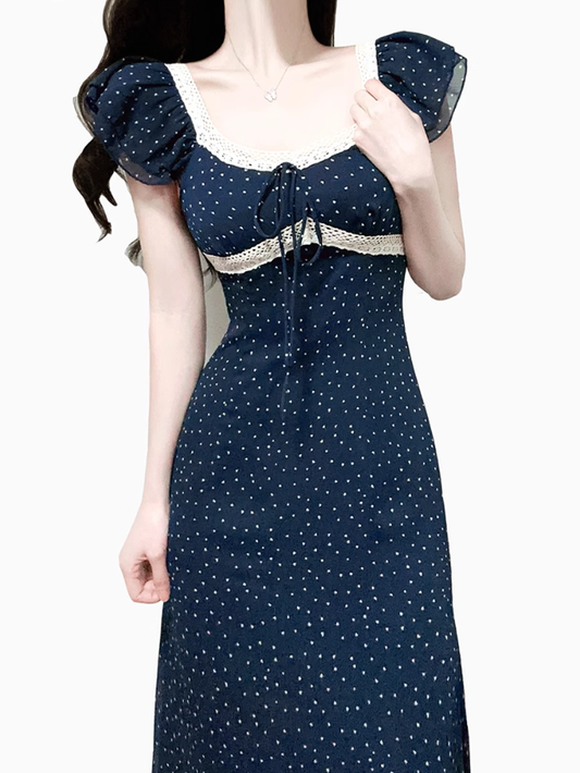 2025 Summer New Navy Retro Polka Dot French Square Neck Short Sleeve Long Dress R0927