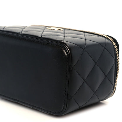 Lambskin Quilted Small Top Handle Vanity Case With Chain Black