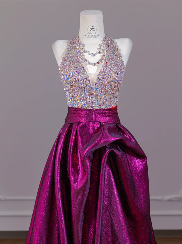 Rhinestone halter neck bodice, fuchsia long ball gown R8269
