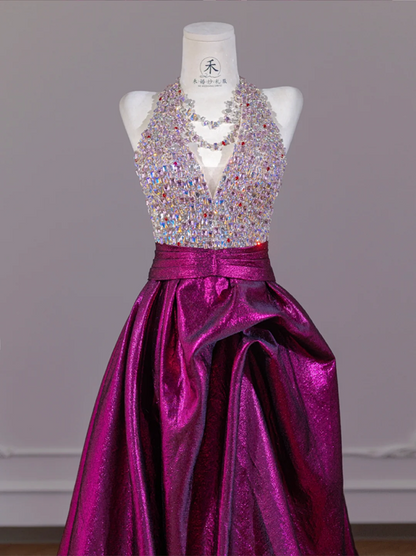 Rhinestone halter neck bodice, fuchsia long ball gown R8269