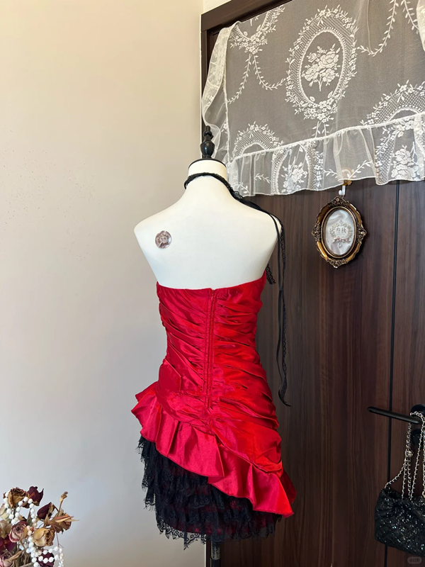 Red tube top satin waist slim fit hip asymmetrical skirt short skirt homecoming dress R4245