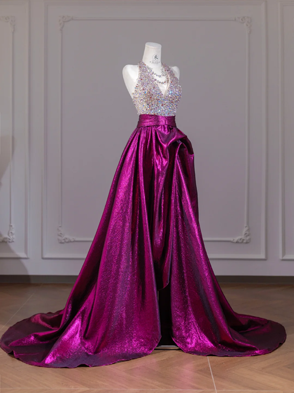 Rhinestone halter neck bodice, fuchsia long ball gown R8269