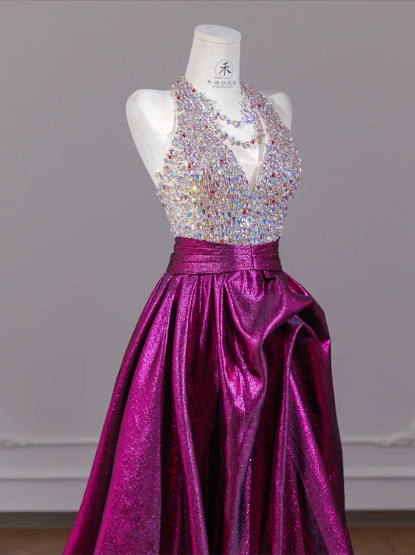 Rhinestone halter neck bodice, fuchsia long ball gown R8269