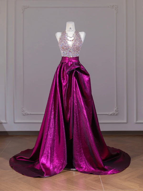 Rhinestone halter neck bodice, fuchsia long ball gown R8269