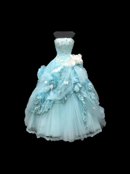Light blue strapless ball gown with a cinched waist and a voluminous puffy skirt; bridal gown R7301