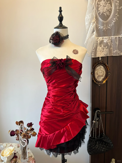 Red tube top satin waist slim fit hip asymmetrical skirt short skirt homecoming dress R4245