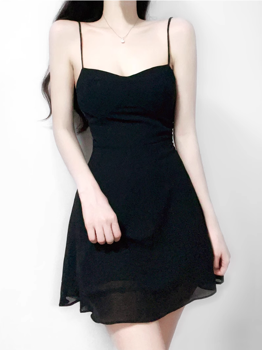2025 summer new sexy petite pure black slim short suspender dress R0946