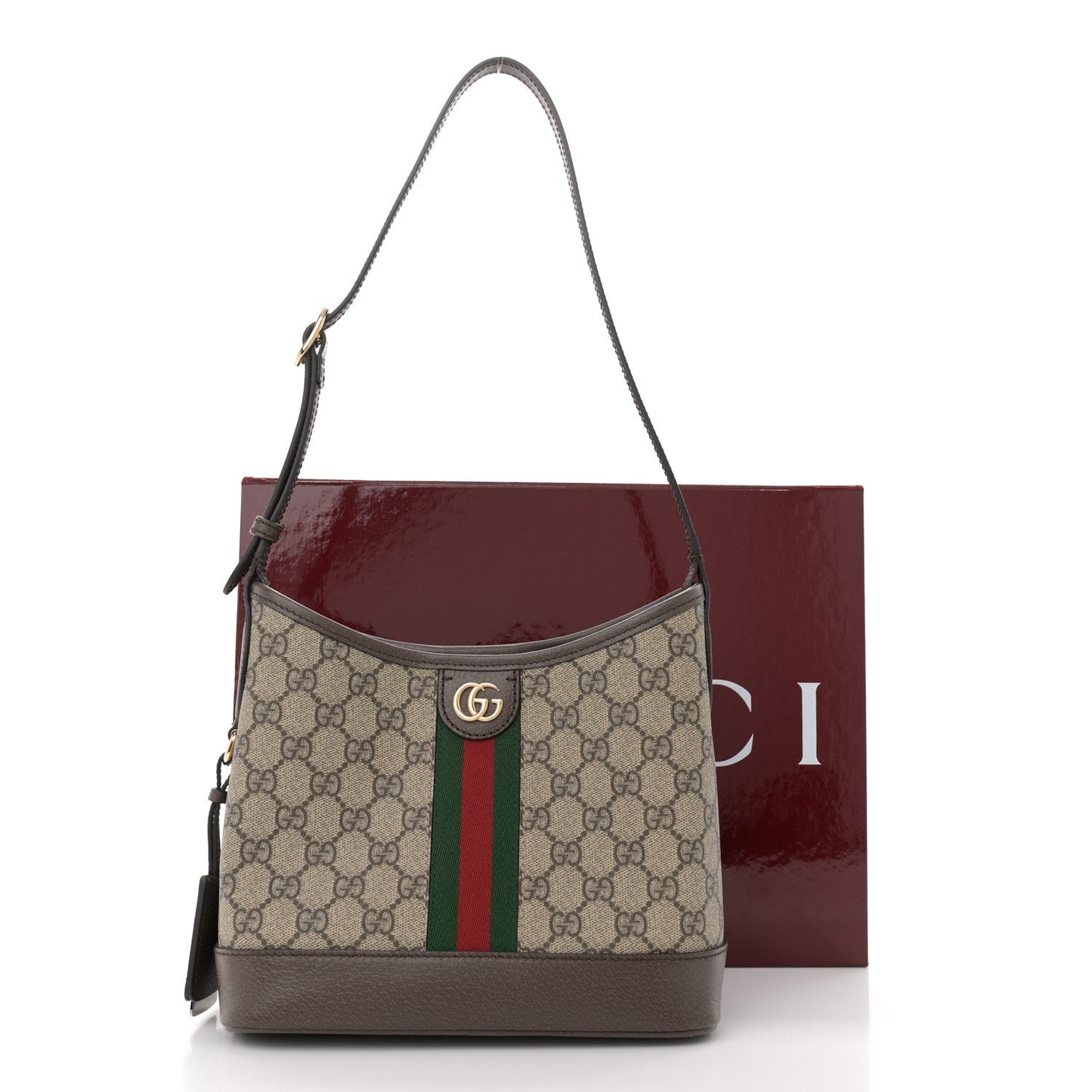GG Supreme Monogram Textured Dollar Calfskin Web Small Ophidia Bucket Shoulder Bag Beige Ebony New Acero