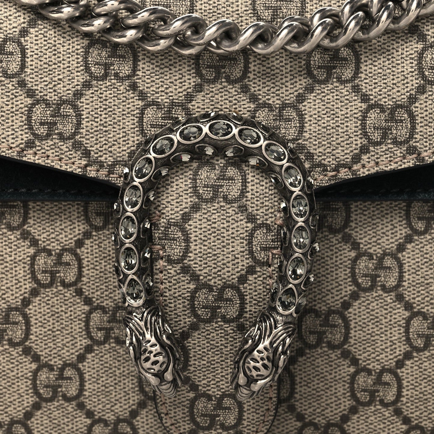 GG Supreme Monogram Suede Crystal Small Dionysus Shoulder Bag Beige Ebony Black