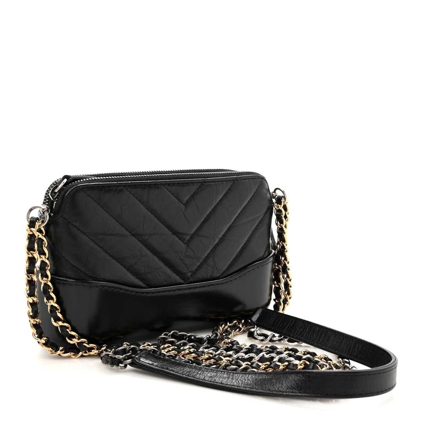 Aged Calfskin Chevron Quilted Small Gabrielle Clutch With Chain Black
