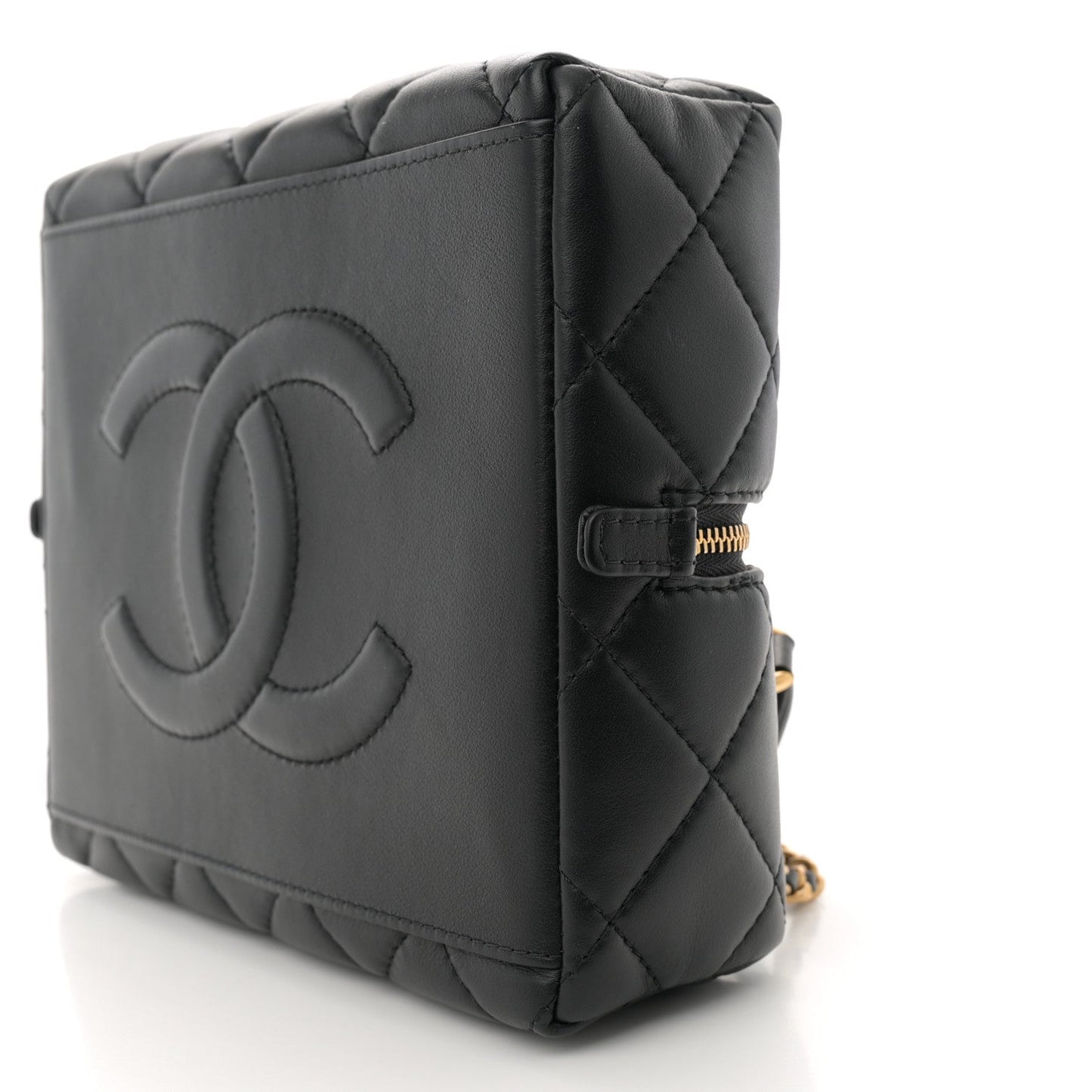 Calfskin Quilted Square Top Handle Vanity Case Black